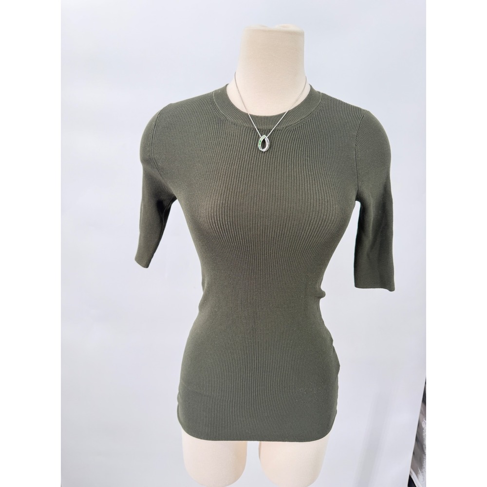 Wilfred Aritzia Ribbed Knit Top Women XS Olive Green Elbow Sleeve Minimalist